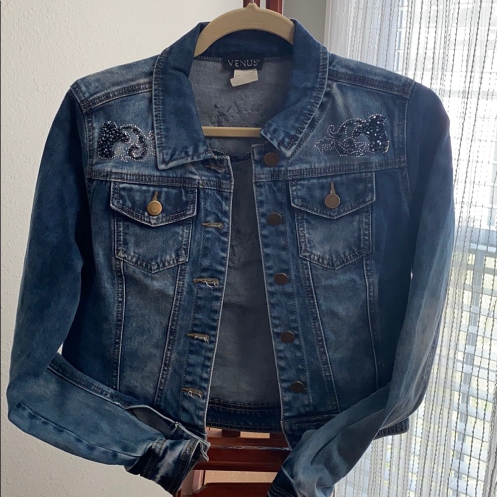 Venus Embellished Cropped Stretch Denim Jacket